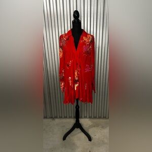 Women’s Free People Red Floral Rayon Flow Designer Long Sleeve Dress Size Large